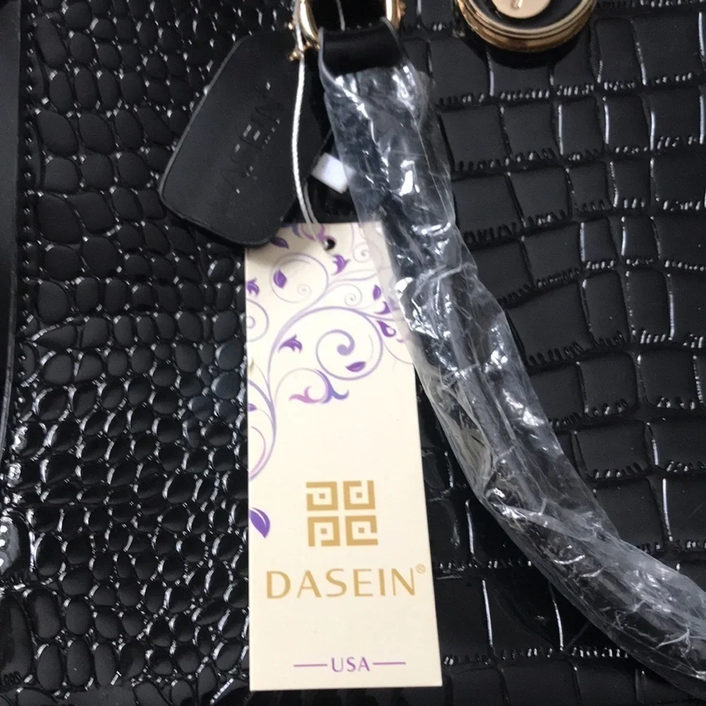 Dasein black crocodile embossed faux patent leather satchel/crossbody handbag